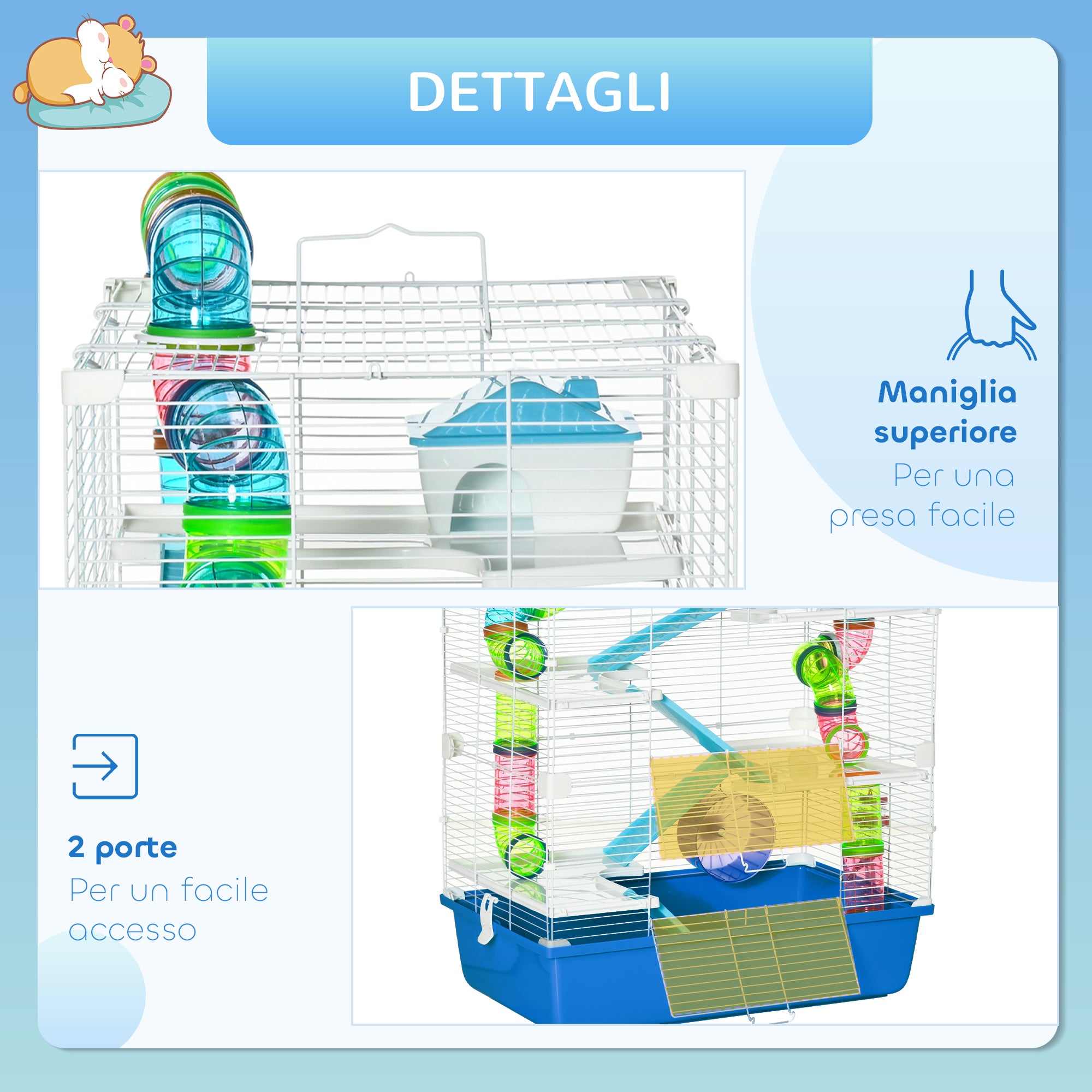 5-Level Hamster Cage with Tubes, House, Water Tank, Ramps, Bowl, Platforms, and Wheel, Rodent Cage with 2 Steel Handles, PP and PS, 59x36x69 cm, Blue