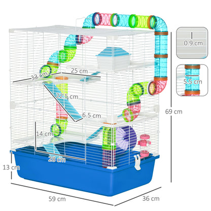 5-Level Hamster Cage with Tubes, House, Water Tank, Ramps, Bowl, Platforms, and Wheel, Rodent Cage with 2 Steel Handles, PP and PS, 59x36x69 cm, Blue