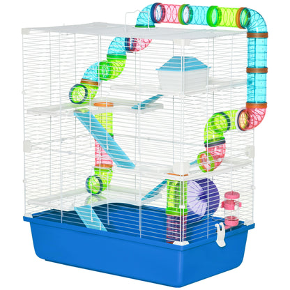 5-Level Hamster Cage with Tubes, House, Water Tank, Ramps, Bowl, Platforms, and Wheel, Rodent Cage with 2 Steel Handles, PP and PS, 59x36x69 cm, Blue