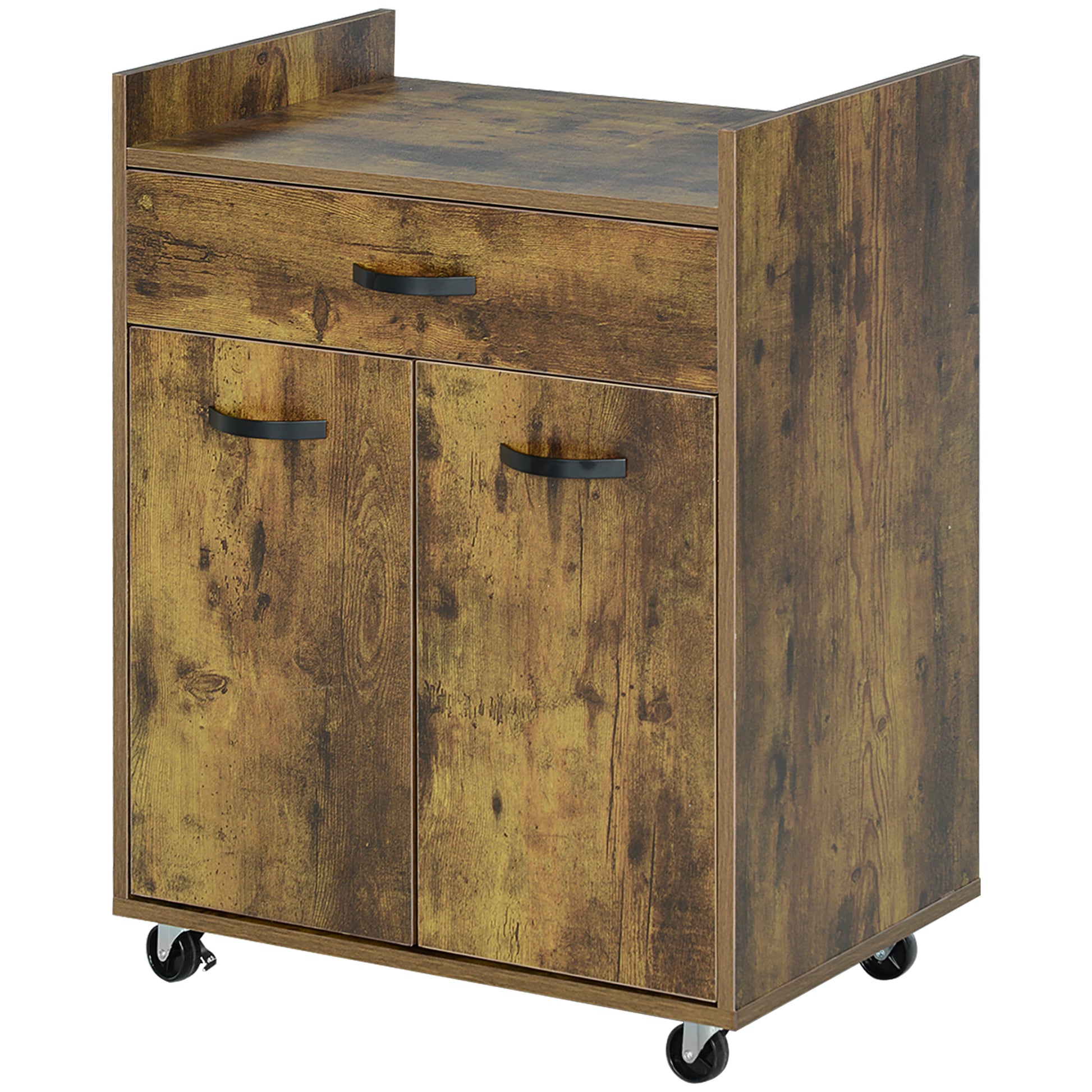Microwave Kitchen Cart with Drawer and Cabinet, Kitchen Island in Wood with 4 Wheels and Adjustable Shelf, 60x40x77 cm, Rustic Brown