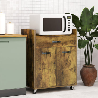 Microwave Kitchen Cart with Drawer and Cabinet, Kitchen Island in Wood with 4 Wheels and Adjustable Shelf, 60x40x77 cm, Rustic Brown