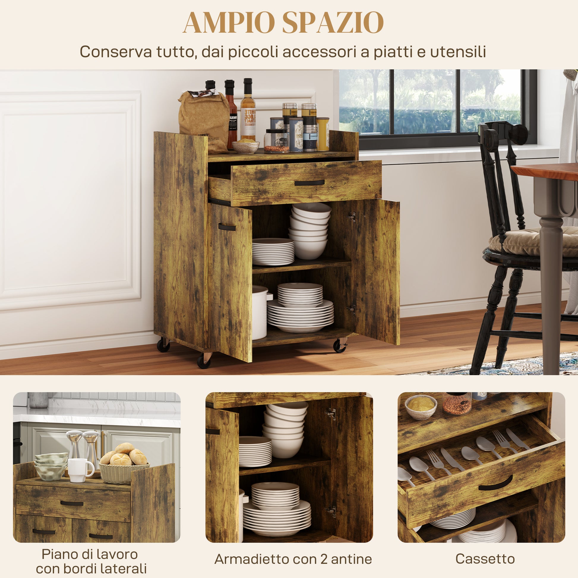 Microwave Kitchen Cart with Drawer and Cabinet, Kitchen Island in Wood with 4 Wheels and Adjustable Shelf, 60x40x77 cm, Rustic Brown