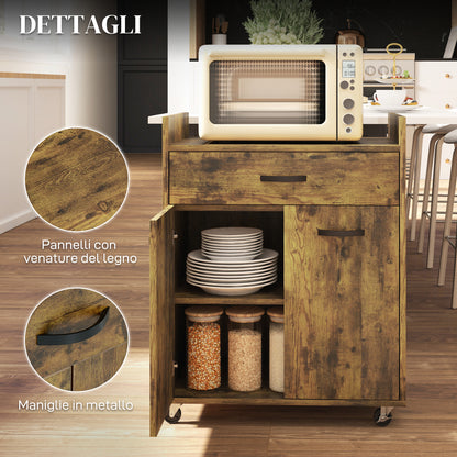 Microwave Kitchen Cart with Drawer and Cabinet, Kitchen Island in Wood with 4 Wheels and Adjustable Shelf, 60x40x77 cm, Rustic Brown
