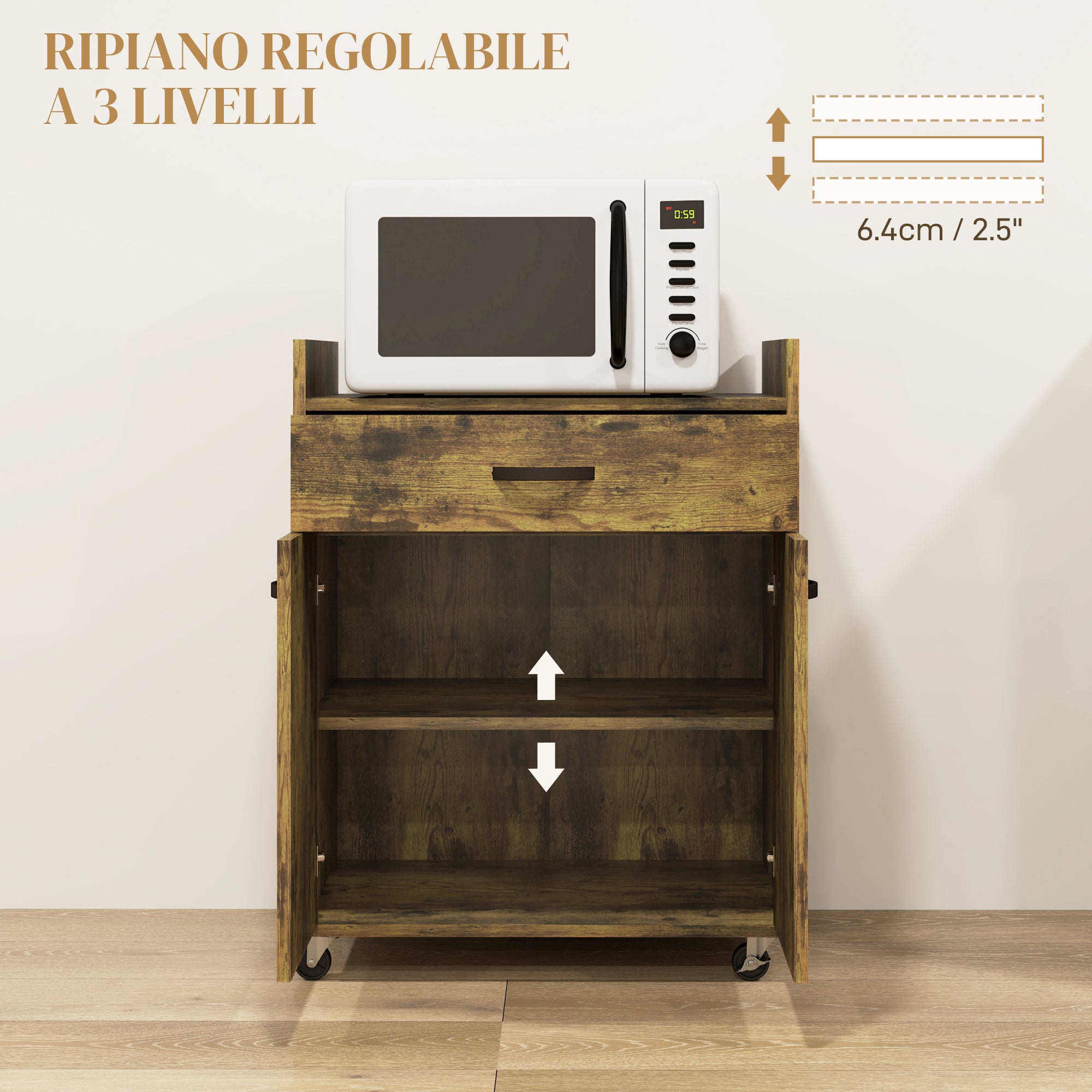 Microwave Kitchen Cart with Drawer and Cabinet, Kitchen Island in Wood with 4 Wheels and Adjustable Shelf, 60x40x77 cm, Rustic Brown