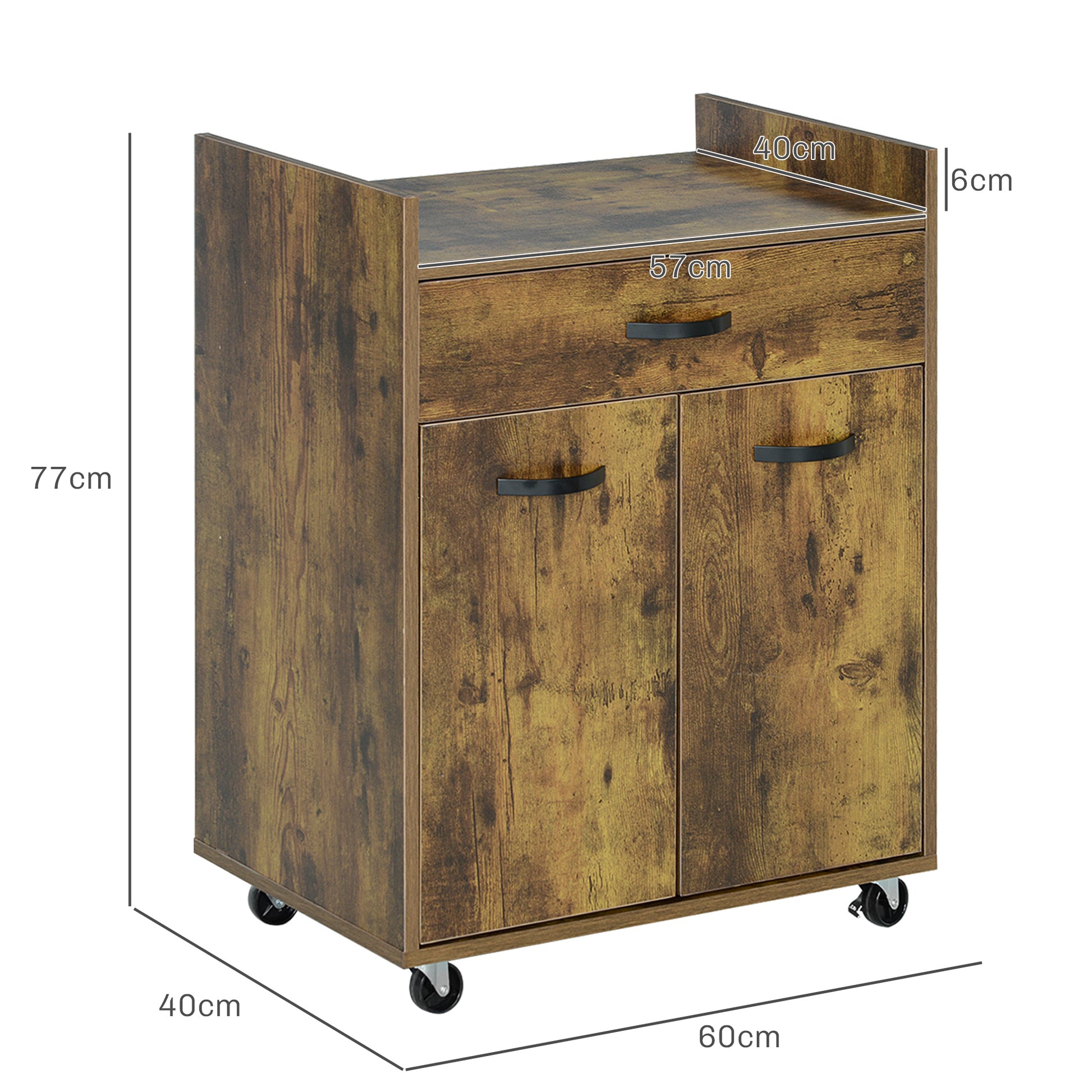 Microwave Kitchen Cart with Drawer and Cabinet, Kitchen Island in Wood with 4 Wheels and Adjustable Shelf, 60x40x77 cm, Rustic Brown