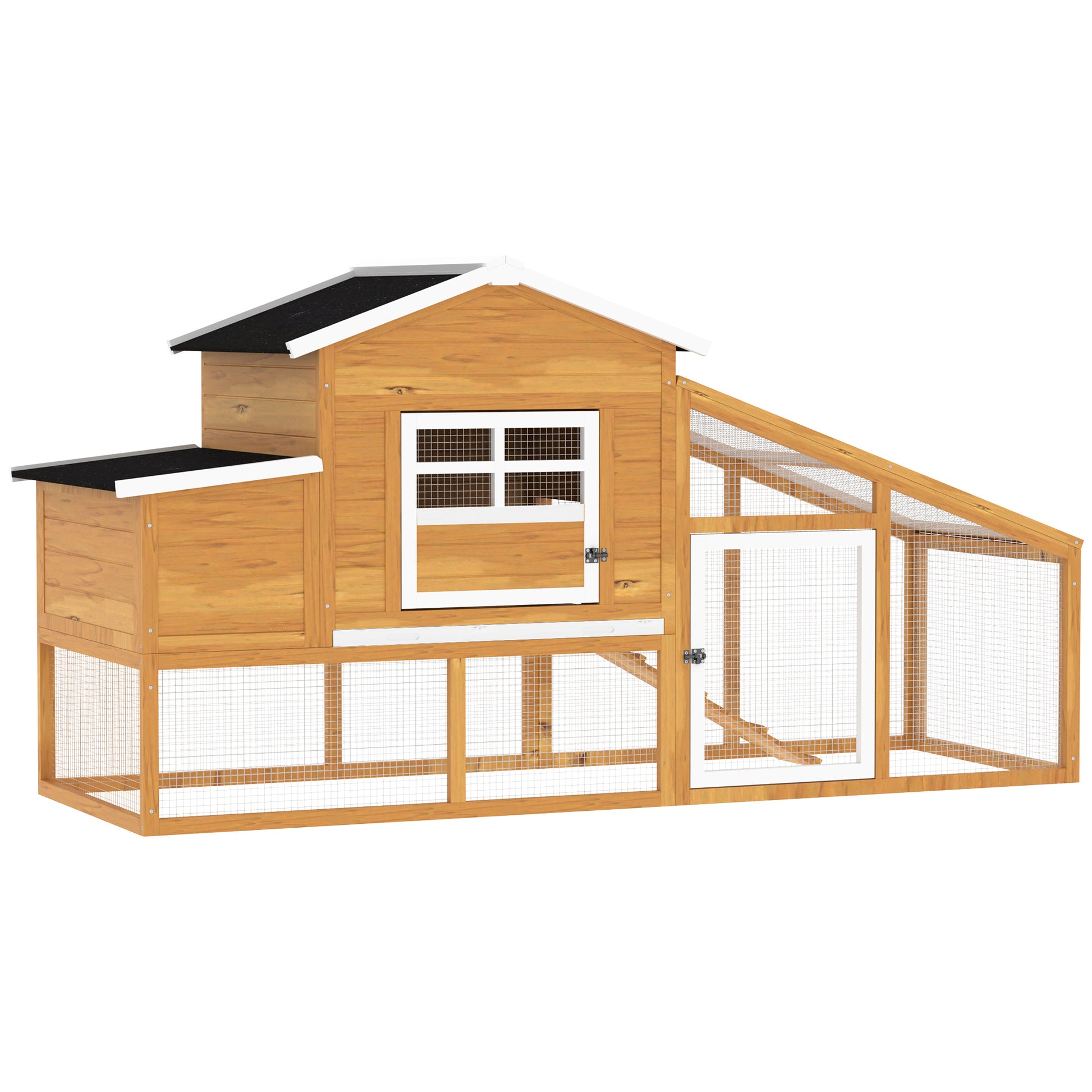 Wooden Chicken Coop Outdoor Cage for 2-4 Hens with Wire Enclosure Asphalt Roofs Removable Tray and Ramp 200x80x105 cm Brown
