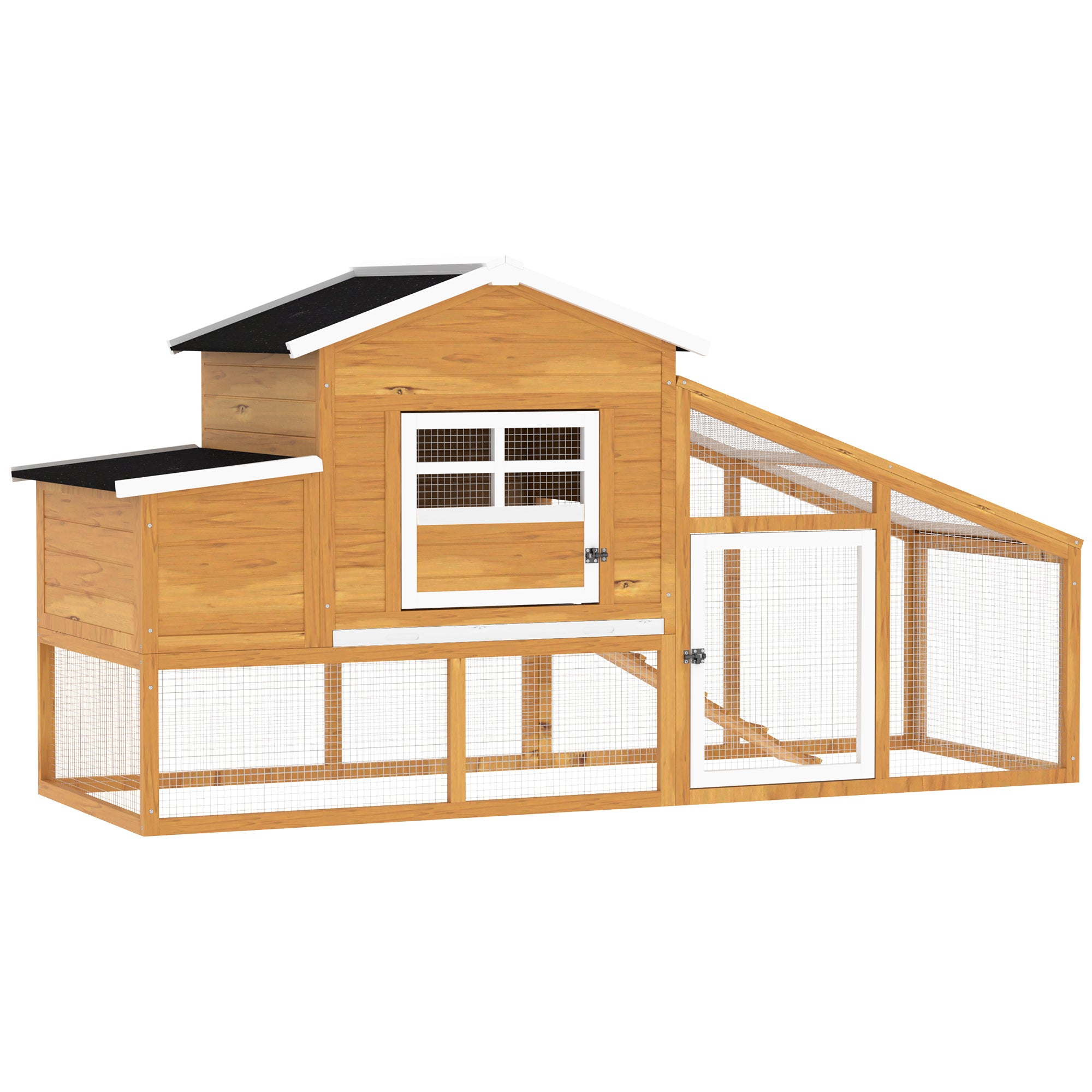Wooden Chicken Coop Outdoor Cage for 2-4 Hens with Wire Enclosure Asphalt Roofs Removable Tray and Ramp 200x80x105 cm Brown