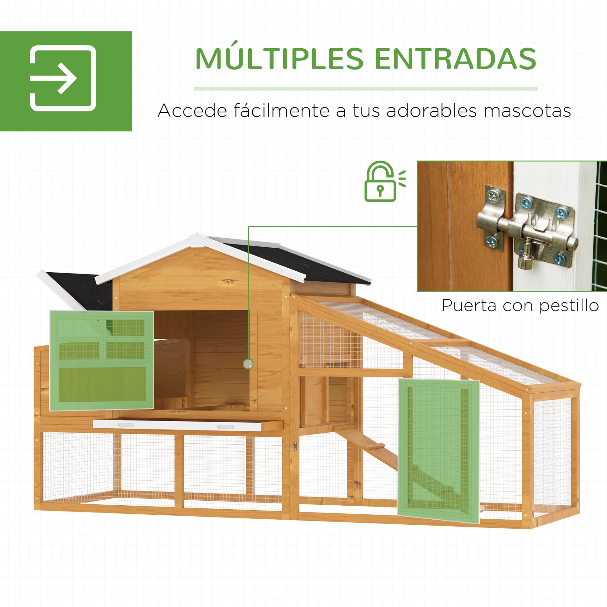Wooden Chicken Coop Outdoor Cage for 2-4 Hens with Wire Enclosure Asphalt Roofs Removable Tray and Ramp 200x80x105 cm Brown