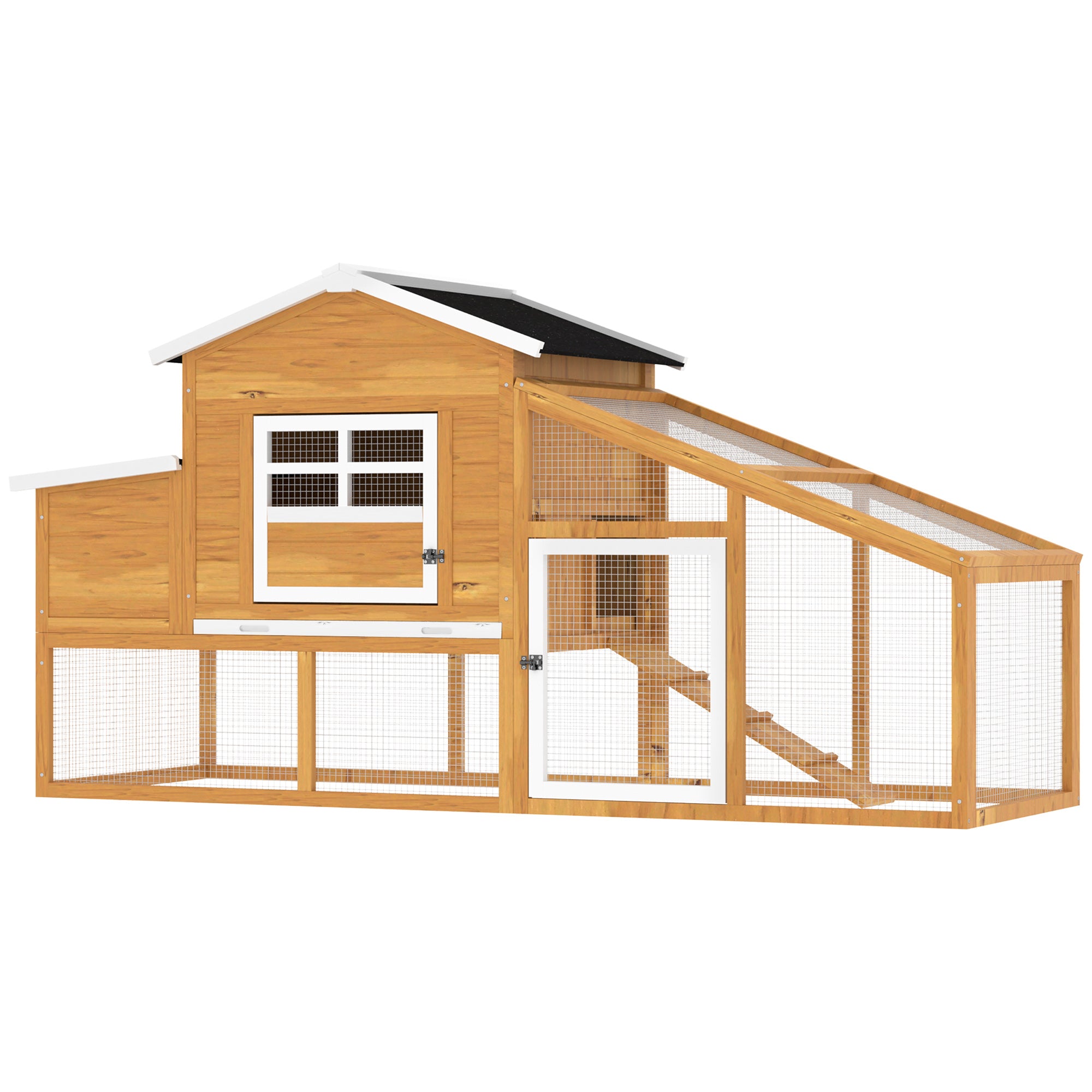 Wooden Chicken Coop Outdoor Cage for 2-4 Hens with Wire Enclosure Asphalt Roofs Removable Tray and Ramp 200x80x105 cm Brown