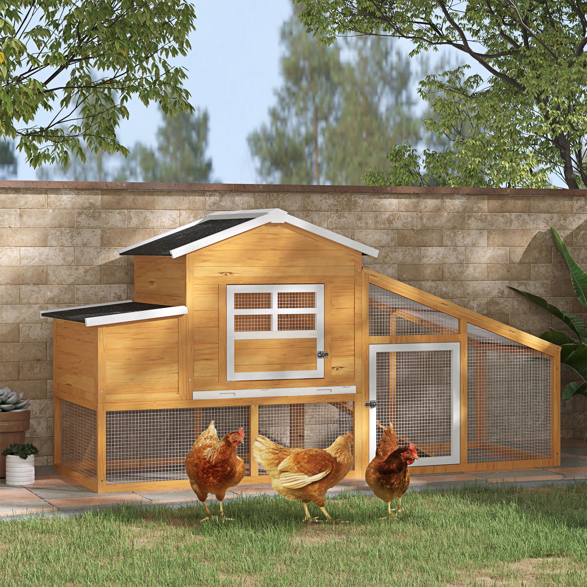 Wooden Chicken Coop Outdoor Cage for 2-4 Hens with Wire Enclosure Asphalt Roofs Removable Tray and Ramp 200x80x105 cm Brown