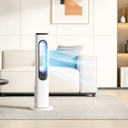 Bladeless Tower Fan — Ultra-Quiet 35 dB, Remote Control, LED Display, 3 Speeds & Modes, 15H Timer, 50° Oscillation — White