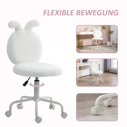 Office Chair Desk Chair with Bunny Ears, Height Adjustable Cosmetics Chair with Velvet Look, Armless Swivel Chair Makeup Chair for Bedroom, White