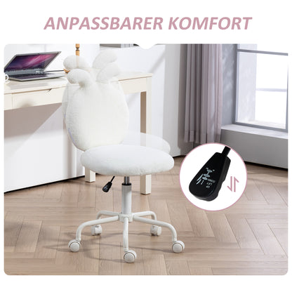 Office Chair Desk Chair with Bunny Ears, Height Adjustable Cosmetics Chair with Velvet Look, Armless Swivel Chair Makeup Chair for Bedroom, White
