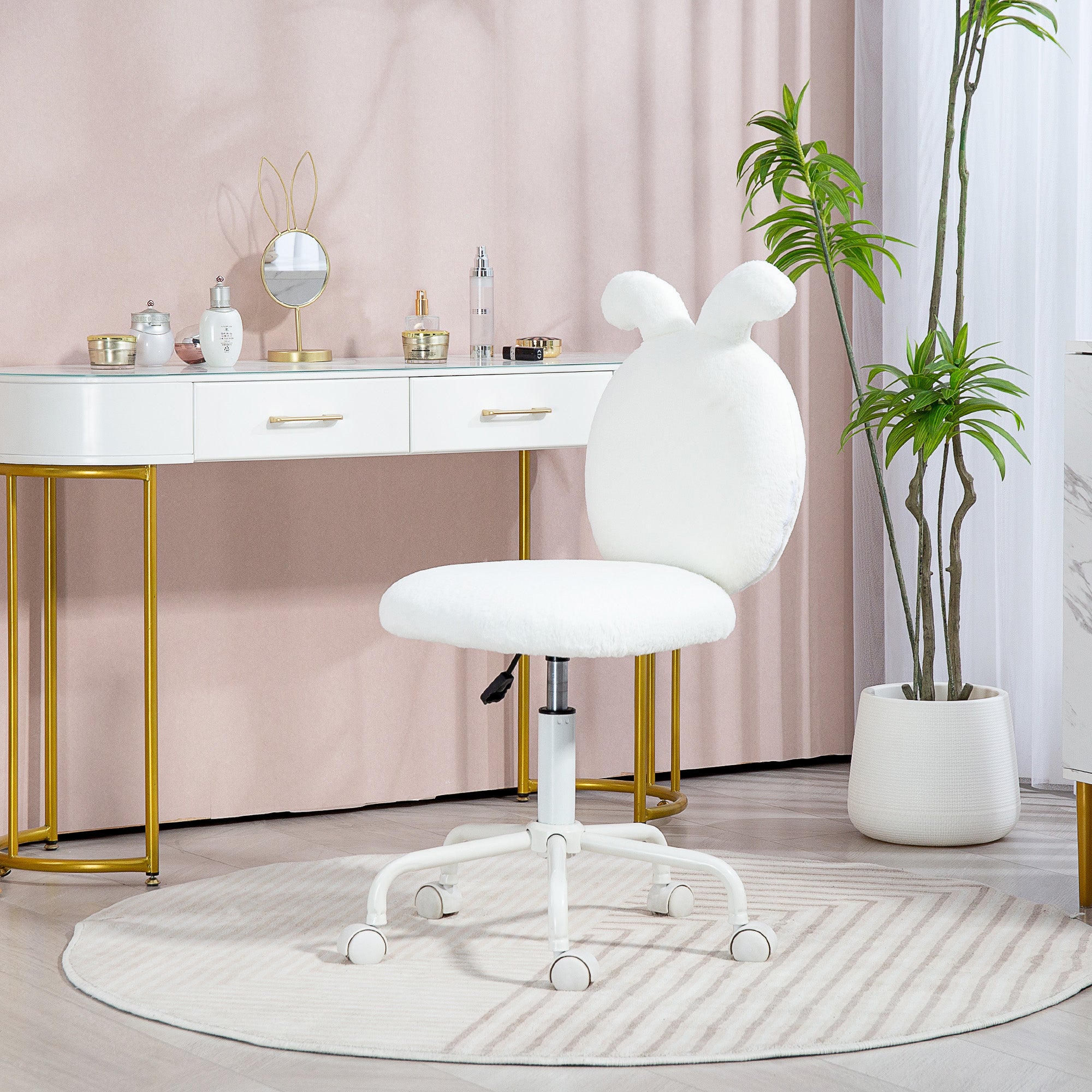 Office Chair Desk Chair with Bunny Ears, Height Adjustable Cosmetics Chair with Velvet Look, Armless Swivel Chair Makeup Chair for Bedroom, White