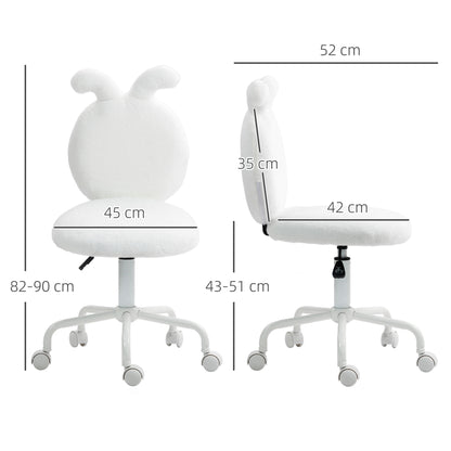 Office Chair Desk Chair with Bunny Ears, Height Adjustable Cosmetics Chair with Velvet Look, Armless Swivel Chair Makeup Chair for Bedroom, White
