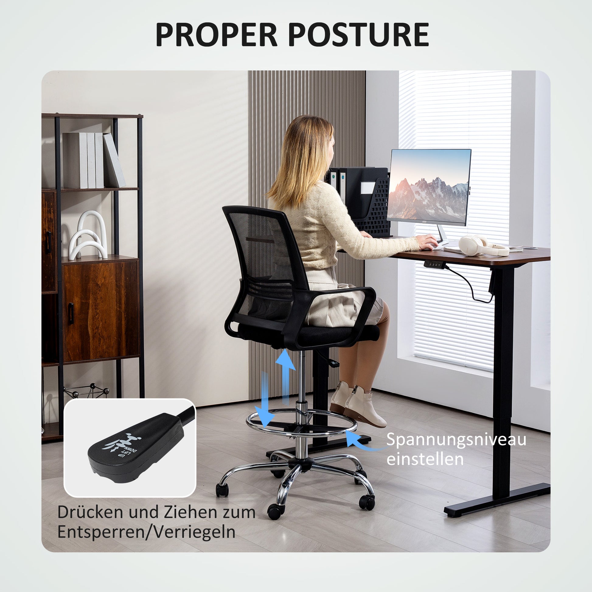 Office Chair, Ergonomic Drafting Chair, Height Adjustable Computer Chair with Armrest, Lumbar Support, Desk Chair with Foot Ring, Swivel Chair for Office, Living Room, Mesh, Black