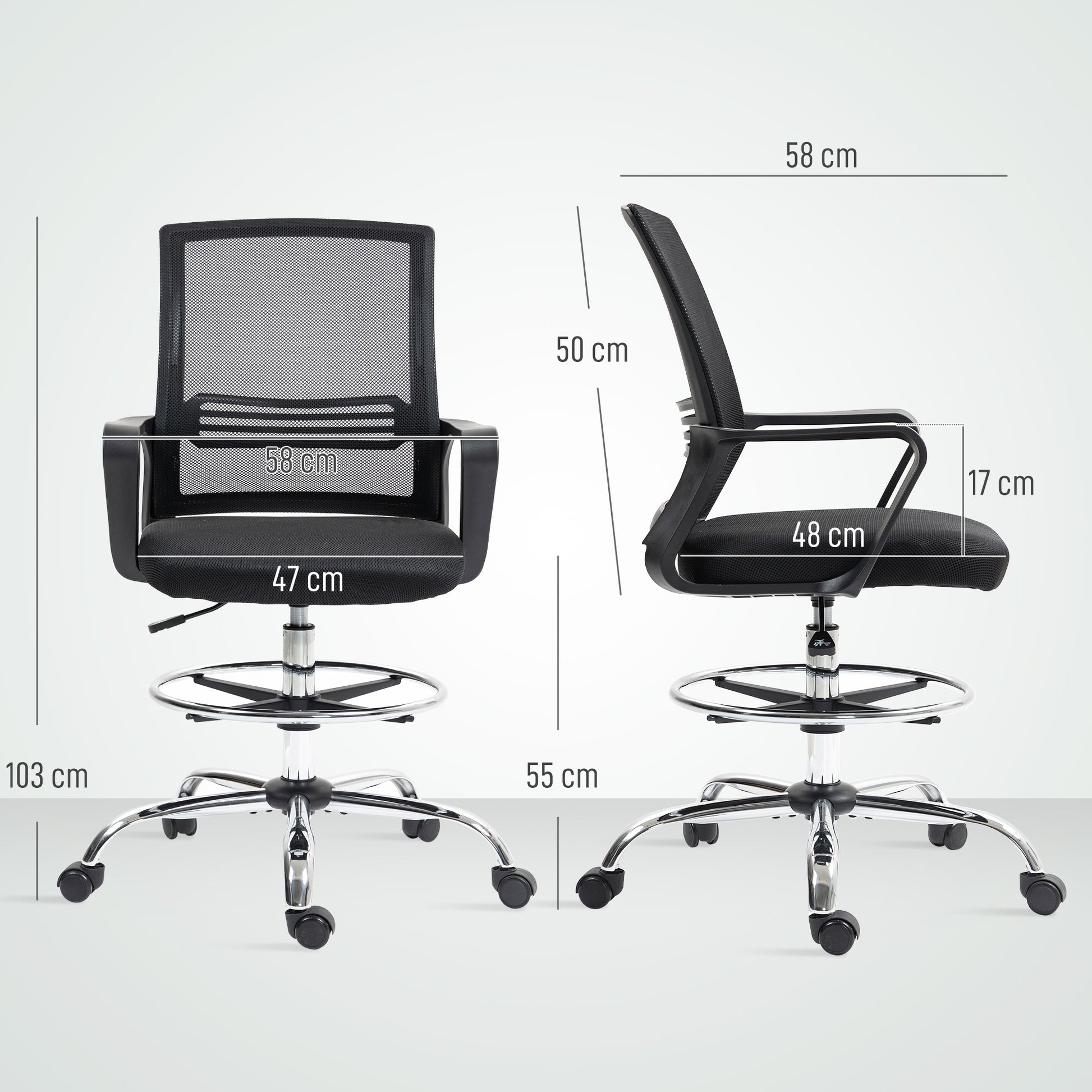 Office Chair, Ergonomic Drafting Chair, Height Adjustable Computer Chair with Armrest, Lumbar Support, Desk Chair with Foot Ring, Swivel Chair for Office, Living Room, Mesh, Black