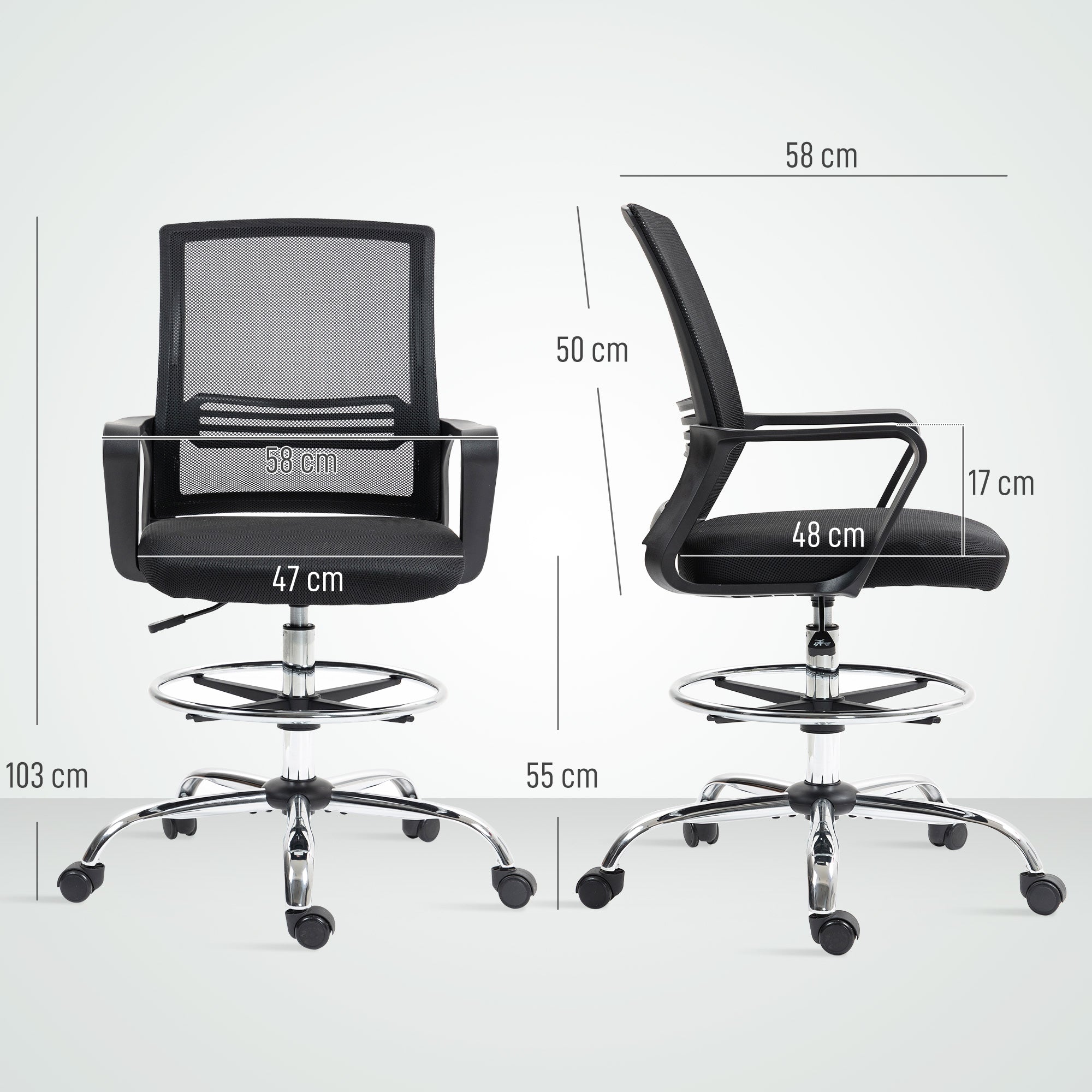 Office Chair, Ergonomic Drafting Chair, Height Adjustable Computer Chair with Armrest, Lumbar Support, Desk Chair with Foot Ring, Swivel Chair for Office, Living Room, Mesh, Black