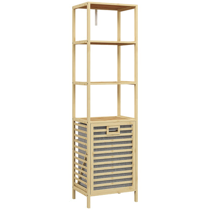 Bathroom Shelf with Laundry Basket, Bathroom Shelf with 3 Levels, Extendable Fabric Basket, Bathroom Cabinet with Tilt Protection for Living Room, Bathroom, Bamboo, 44 x 33 x 160 cm