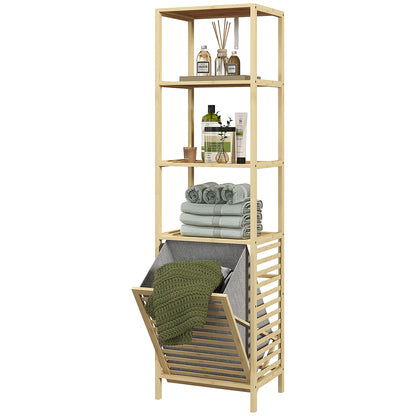 Bathroom Shelf with Laundry Basket, Bathroom Shelf with 3 Levels, Extendable Fabric Basket, Bathroom Cabinet with Tilt Protection for Living Room, Bathroom, Bamboo, 44 x 33 x 160 cm