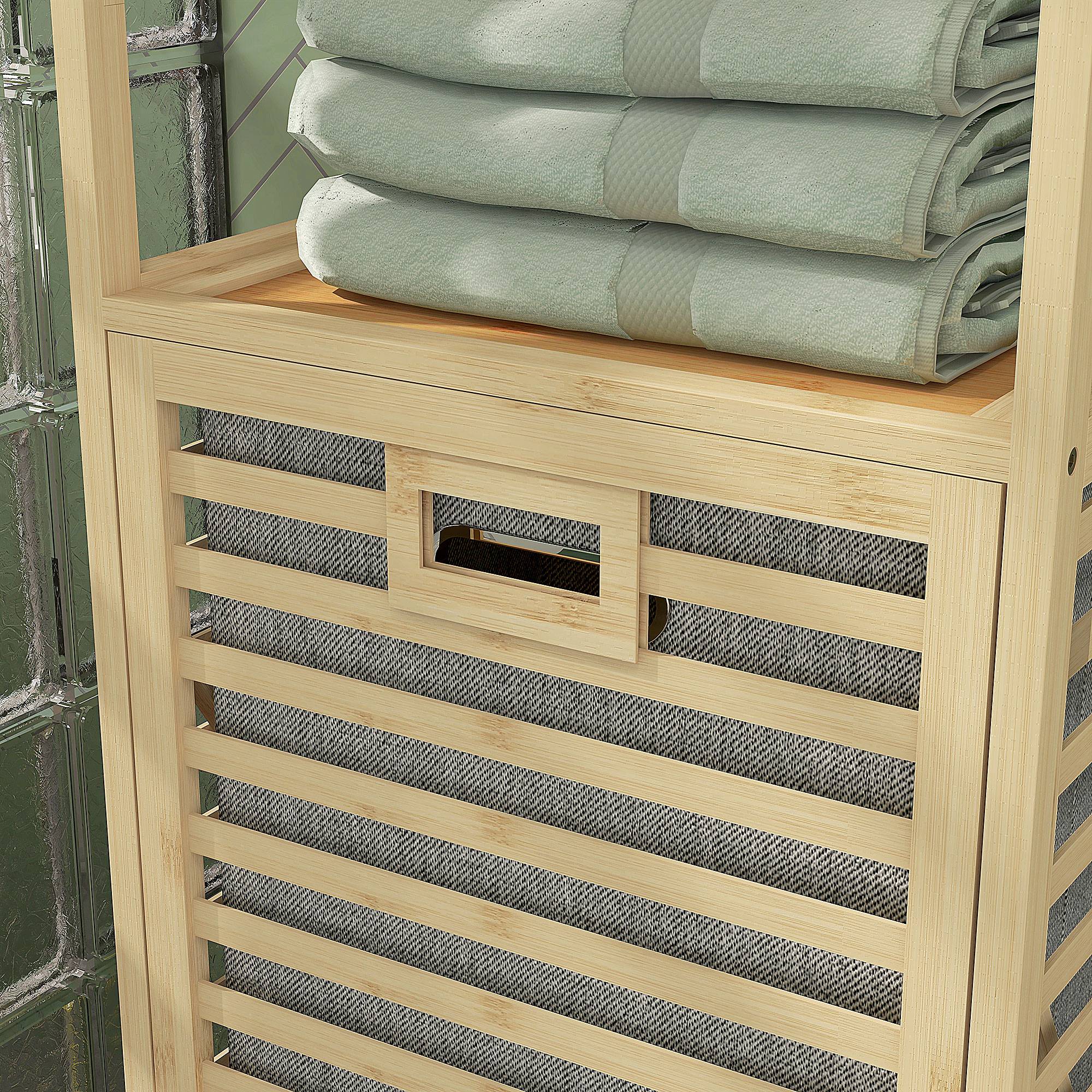 Bathroom Shelf with Laundry Basket, Bathroom Shelf with 3 Levels, Extendable Fabric Basket, Bathroom Cabinet with Tilt Protection for Living Room, Bathroom, Bamboo, 44 x 33 x 160 cm