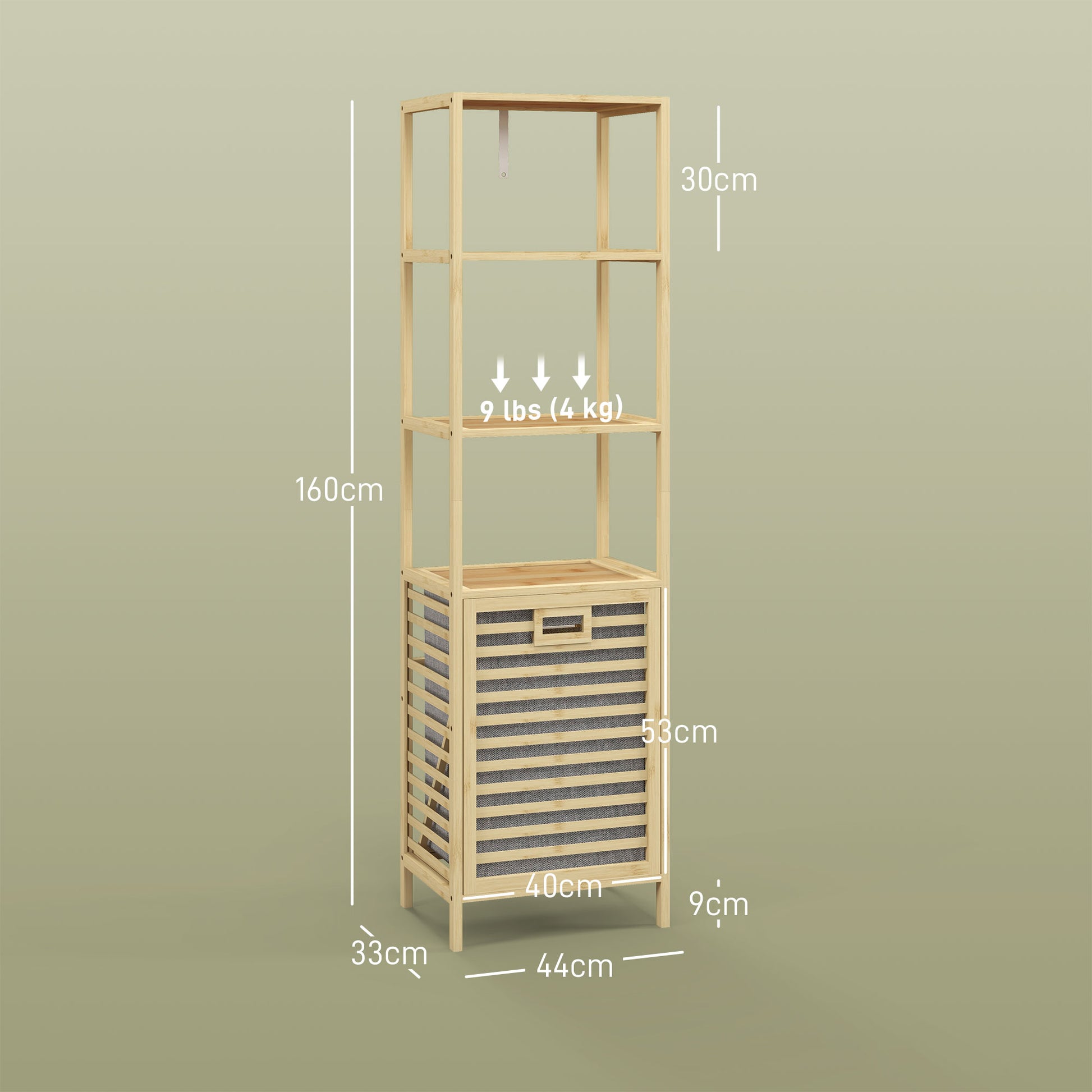 Bathroom Shelf with Laundry Basket, Bathroom Shelf with 3 Levels, Extendable Fabric Basket, Bathroom Cabinet with Tilt Protection for Living Room, Bathroom, Bamboo, 44 x 33 x 160 cm