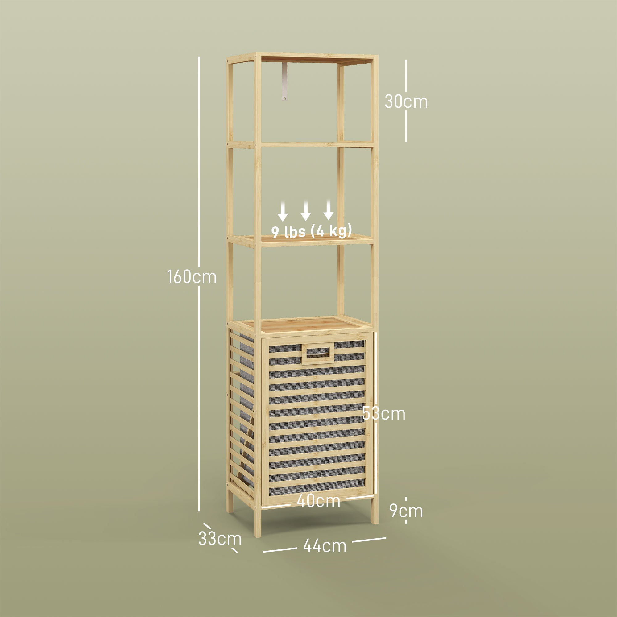 Bathroom Shelf with Laundry Basket, Bathroom Shelf with 3 Levels, Extendable Fabric Basket, Bathroom Cabinet with Tilt Protection for Living Room, Bathroom, Bamboo, 44 x 33 x 160 cm