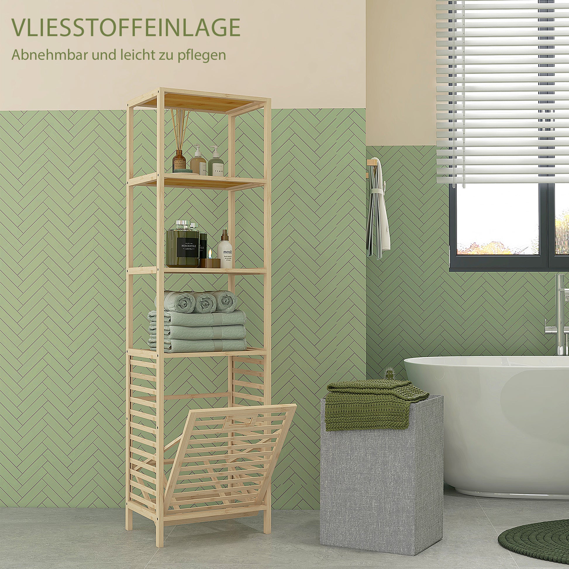 Bathroom Shelf with Laundry Basket, Bathroom Shelf with 3 Levels, Extendable Fabric Basket, Bathroom Cabinet with Tilt Protection for Living Room, Bathroom, Bamboo, 44 x 33 x 160 cm
