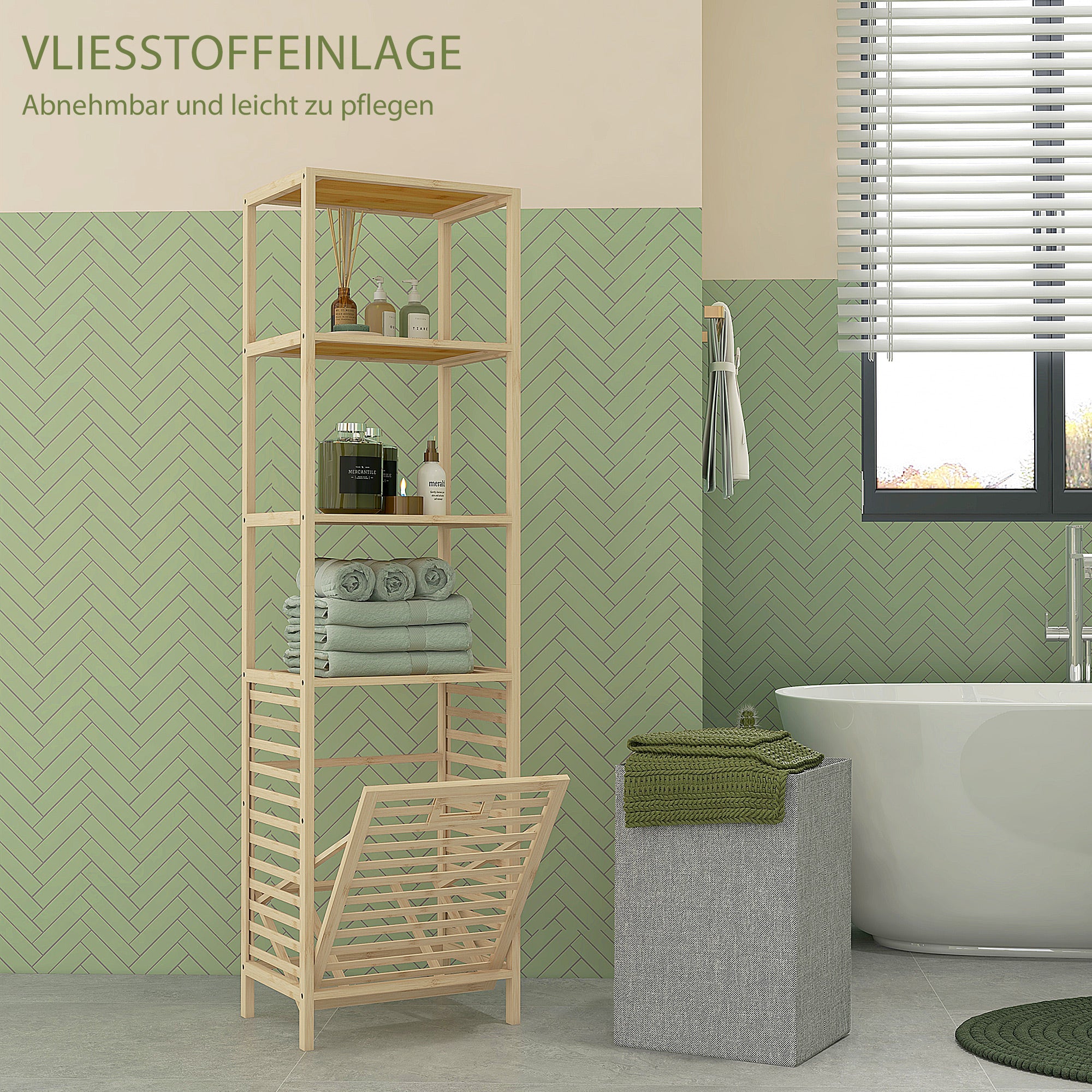 Bathroom Shelf with Laundry Basket, Bathroom Shelf with 3 Levels, Extendable Fabric Basket, Bathroom Cabinet with Tilt Protection for Living Room, Bathroom, Bamboo, 44 x 33 x 160 cm