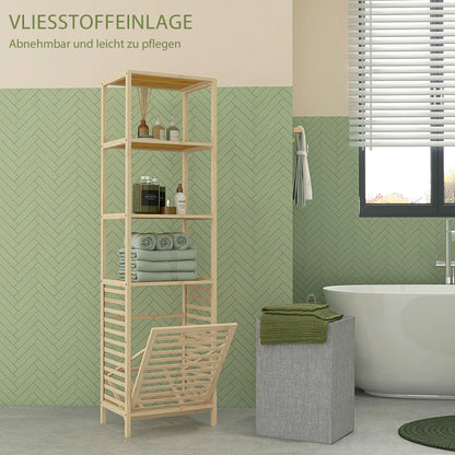 Bathroom Shelf with Laundry Basket, Bathroom Shelf with 3 Levels, Extendable Fabric Basket, Bathroom Cabinet with Tilt Protection for Living Room, Bathroom, Bamboo, 44 x 33 x 160 cm