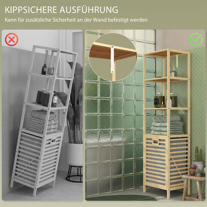 Bathroom Shelf with Laundry Basket, Bathroom Shelf with 3 Levels, Extendable Fabric Basket, Bathroom Cabinet with Tilt Protection for Living Room, Bathroom, Bamboo, 44 x 33 x 160 cm
