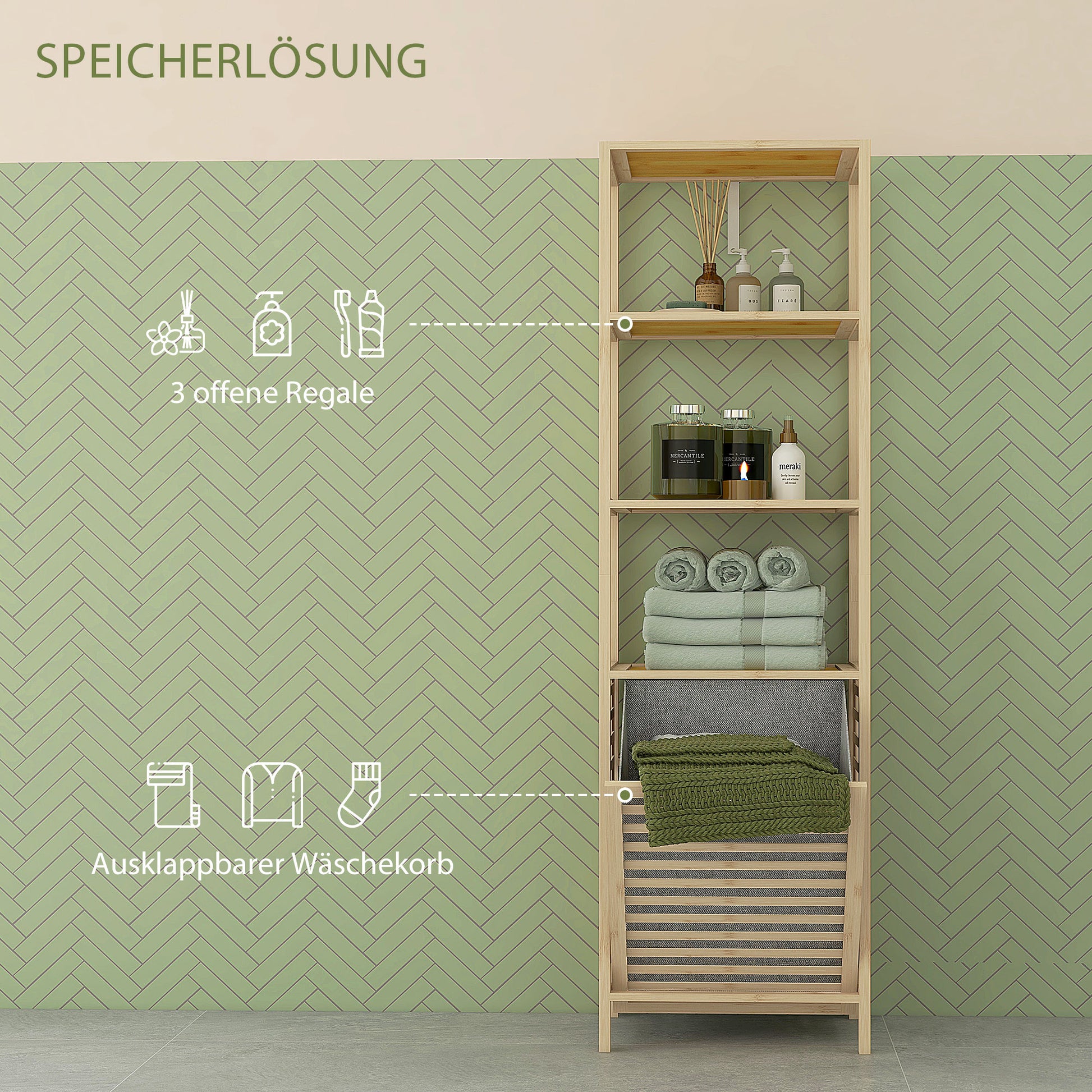 Bathroom Shelf with Laundry Basket, Bathroom Shelf with 3 Levels, Extendable Fabric Basket, Bathroom Cabinet with Tilt Protection for Living Room, Bathroom, Bamboo, 44 x 33 x 160 cm