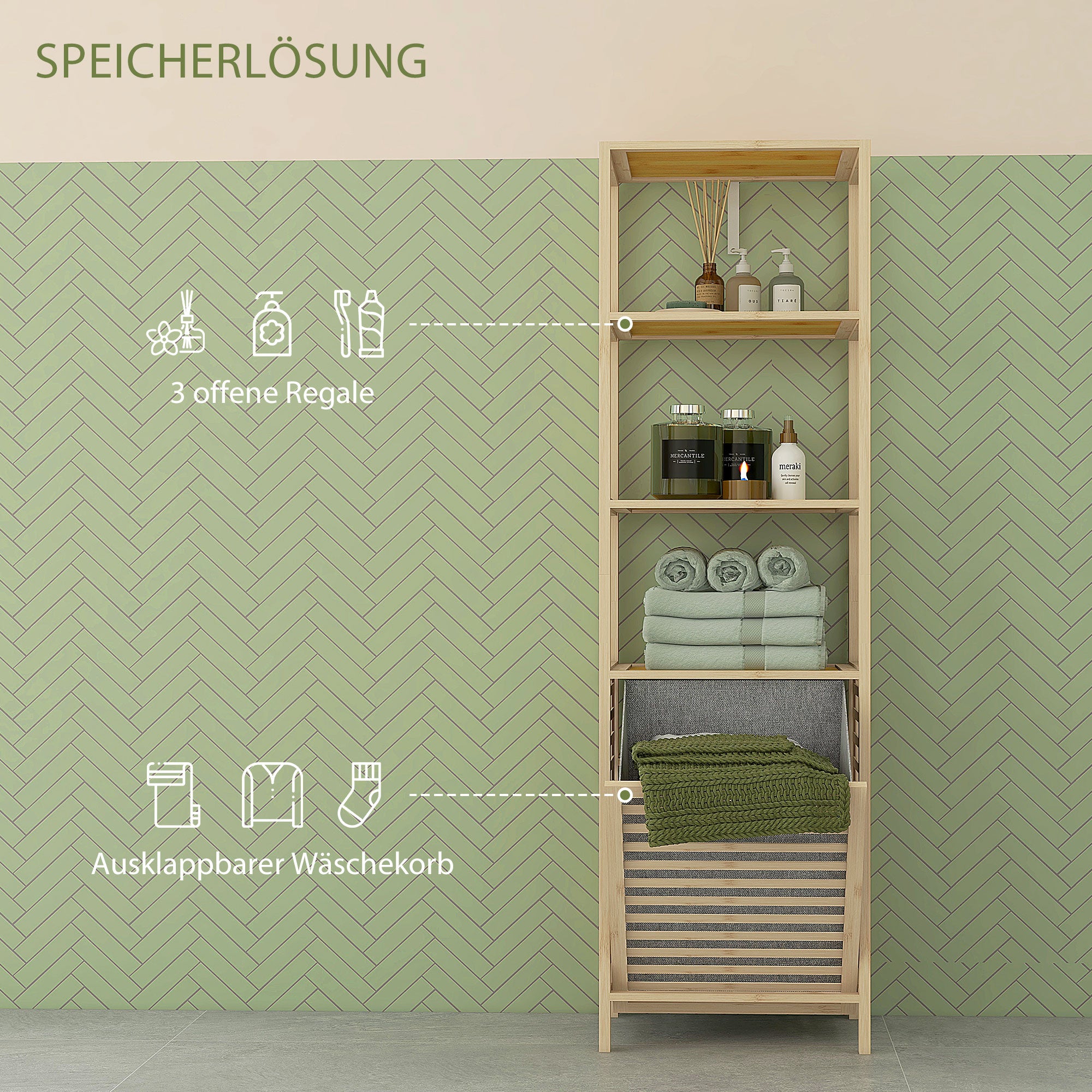 Bathroom Shelf with Laundry Basket, Bathroom Shelf with 3 Levels, Extendable Fabric Basket, Bathroom Cabinet with Tilt Protection for Living Room, Bathroom, Bamboo, 44 x 33 x 160 cm