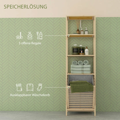Bathroom Shelf with Laundry Basket, Bathroom Shelf with 3 Levels, Extendable Fabric Basket, Bathroom Cabinet with Tilt Protection for Living Room, Bathroom, Bamboo, 44 x 33 x 160 cm