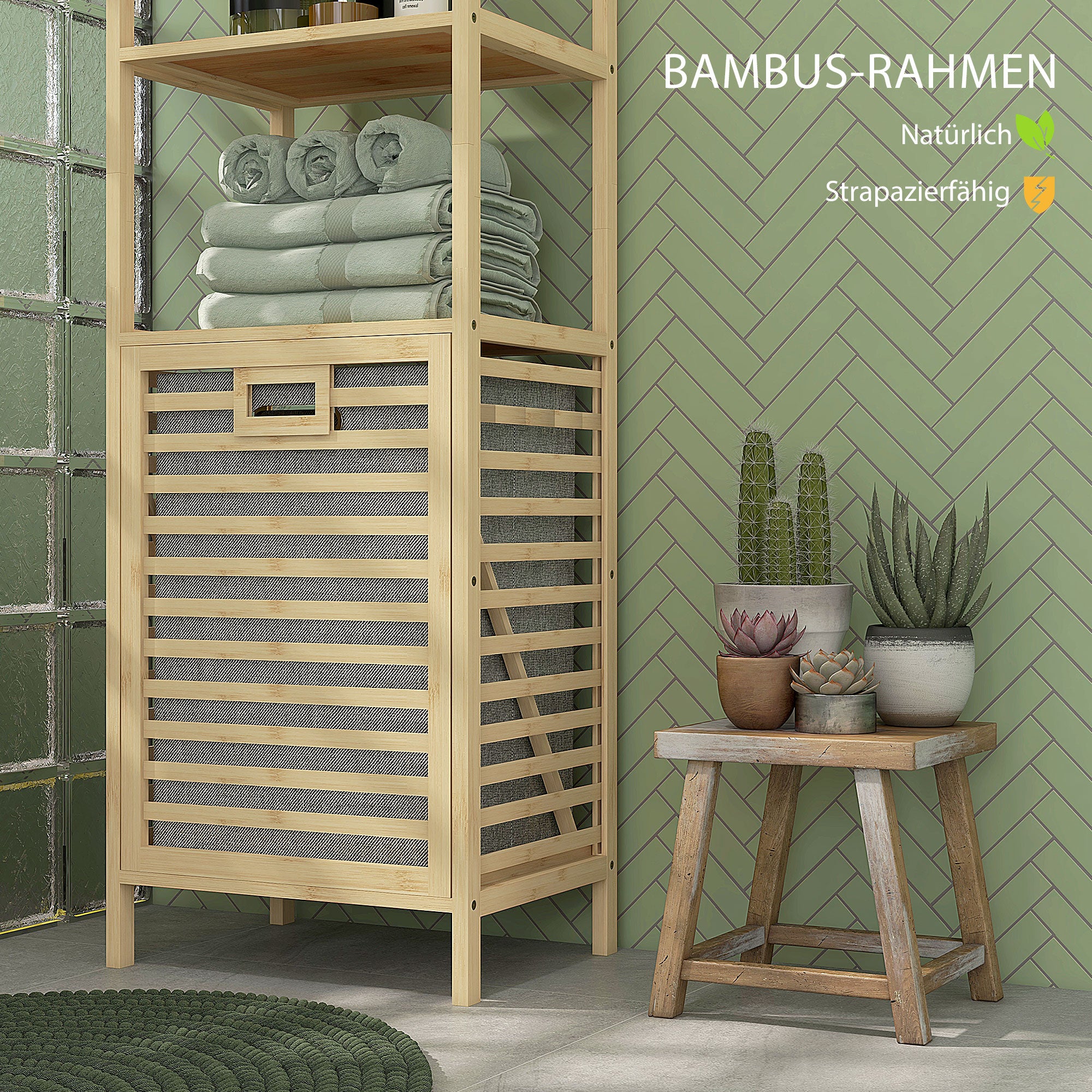 Bathroom Shelf with Laundry Basket, Bathroom Shelf with 3 Levels, Extendable Fabric Basket, Bathroom Cabinet with Tilt Protection for Living Room, Bathroom, Bamboo, 44 x 33 x 160 cm