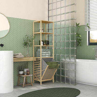 Bathroom Shelf with Laundry Basket, Bathroom Shelf with 3 Levels, Extendable Fabric Basket, Bathroom Cabinet with Tilt Protection for Living Room, Bathroom, Bamboo, 44 x 33 x 160 cm