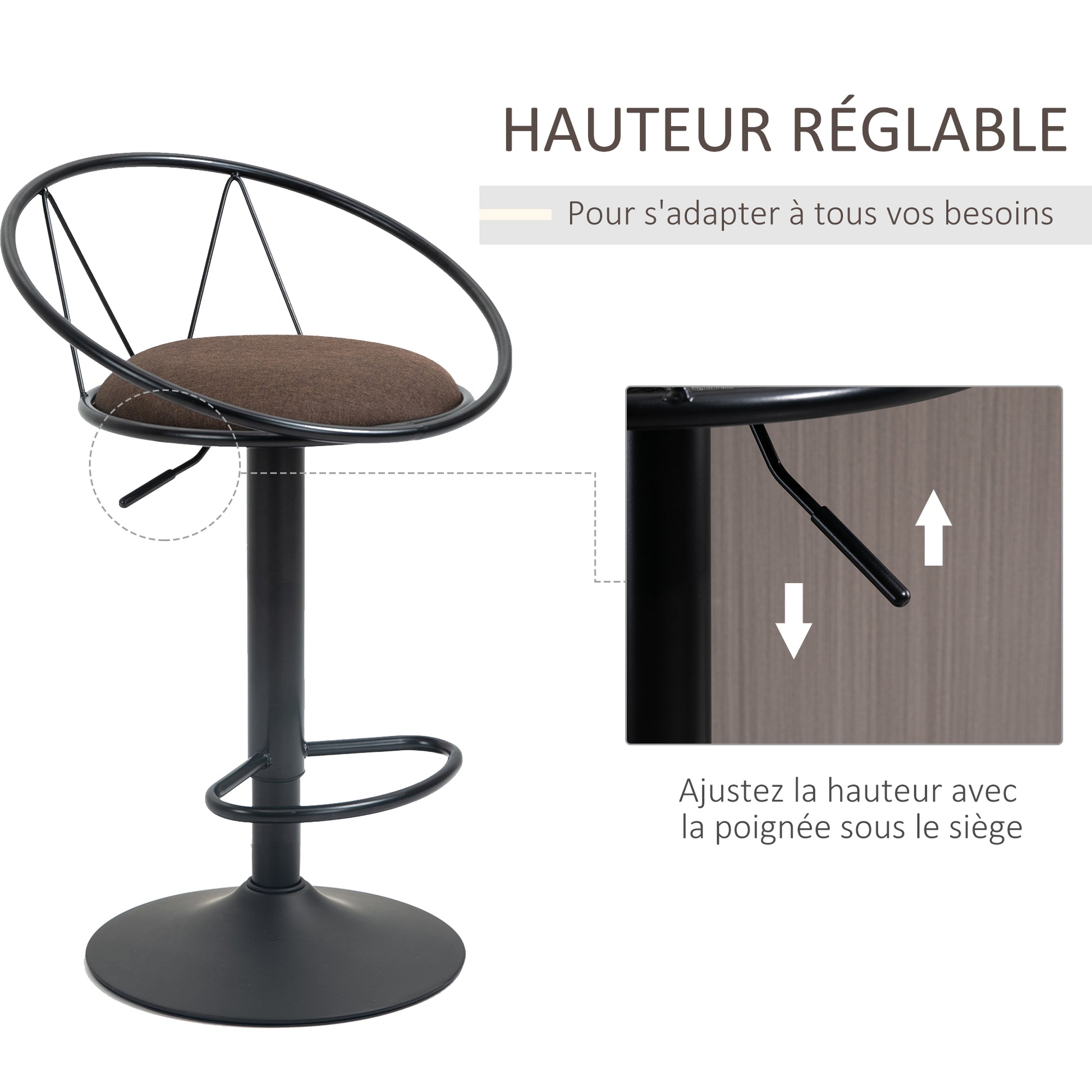 Set of 2 Neo-Retro Design Bar Stools Adjustable Swivel with Black Metal Linen Brown Footrest