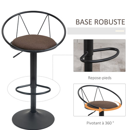 Set of 2 Neo-Retro Design Bar Stools Adjustable Swivel with Black Metal Linen Brown Footrest