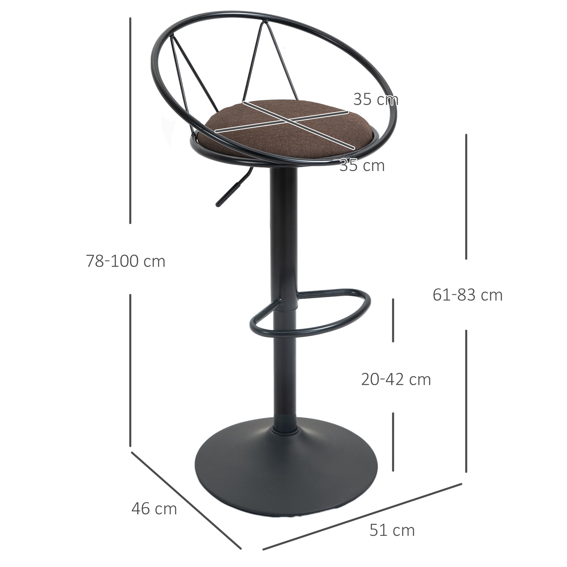 Set of 2 Neo-Retro Design Bar Stools Adjustable Swivel with Black Metal Linen Brown Footrest