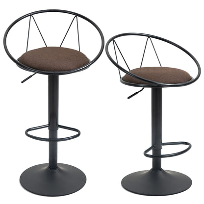 Set of 2 Neo-Retro Design Bar Stools Adjustable Swivel with Black Metal Linen Brown Footrest