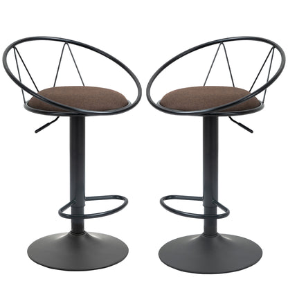 Set of 2 Neo-Retro Design Bar Stools Adjustable Swivel with Black Metal Linen Brown Footrest