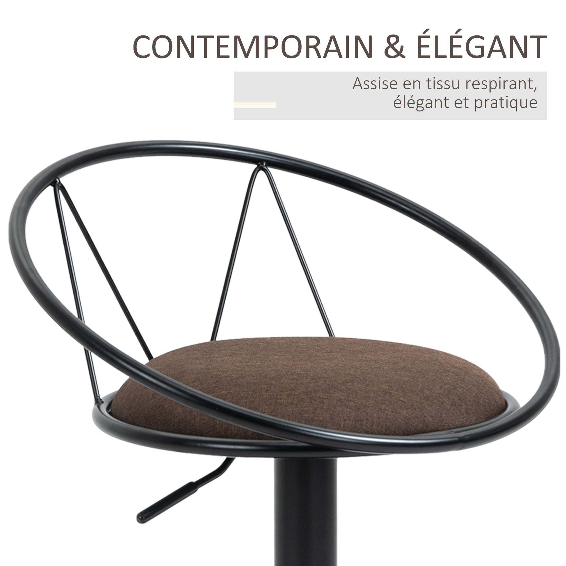 Set of 2 Neo-Retro Design Bar Stools Adjustable Swivel with Black Metal Linen Brown Footrest