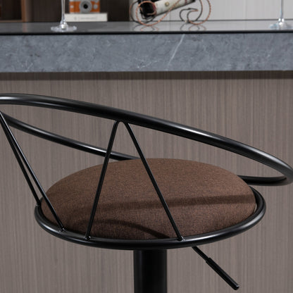 Set of 2 Neo-Retro Design Bar Stools Adjustable Swivel with Black Metal Linen Brown Footrest