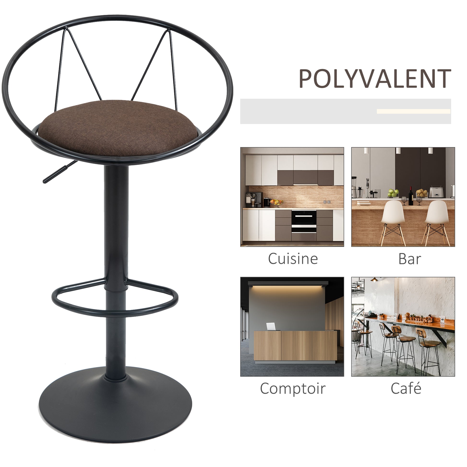 Set of 2 Neo-Retro Design Bar Stools Adjustable Swivel with Black Metal Linen Brown Footrest