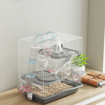 3-Level Hamster Cage with 14 Tubes, House, Ramp, Bowls, Water Bottle & Drip Tray — Metal & Plastic, 45 x 30 x 45 cm (17.7 x 11.8 x 17.7 in), Grey