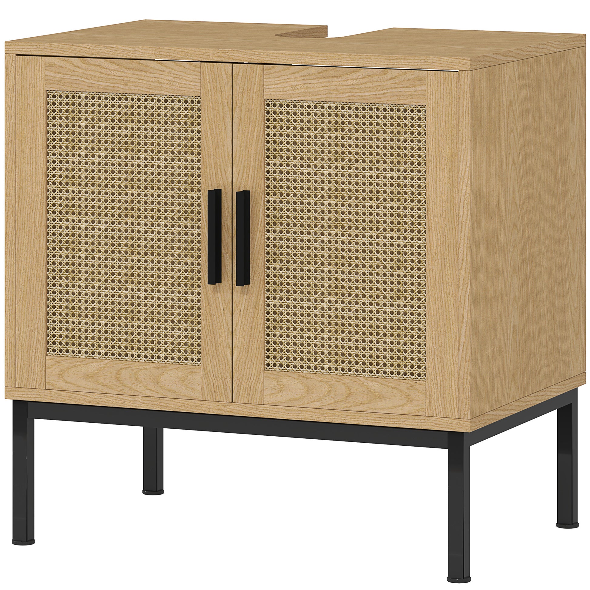 Bathroom Cabinet Vanity Cabinet with Rattan Look, Sink Vanity Cabinet with Tip Protection, Oak, 60 x 39 x 60 cm