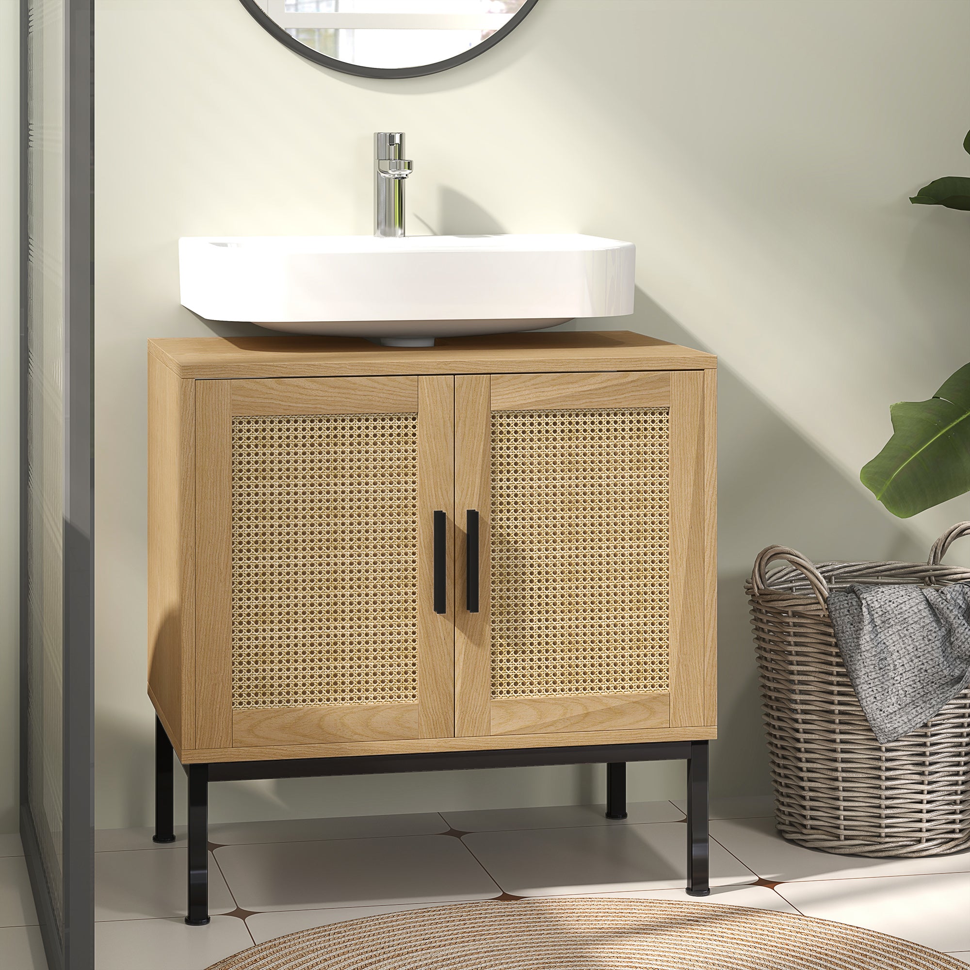 Bathroom Cabinet Vanity Cabinet with Rattan Look, Sink Vanity Cabinet with Tip Protection, Oak, 60 x 39 x 60 cm