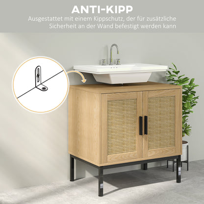 Bathroom Cabinet Vanity Cabinet with Rattan Look, Sink Vanity Cabinet with Tip Protection, Oak, 60 x 39 x 60 cm