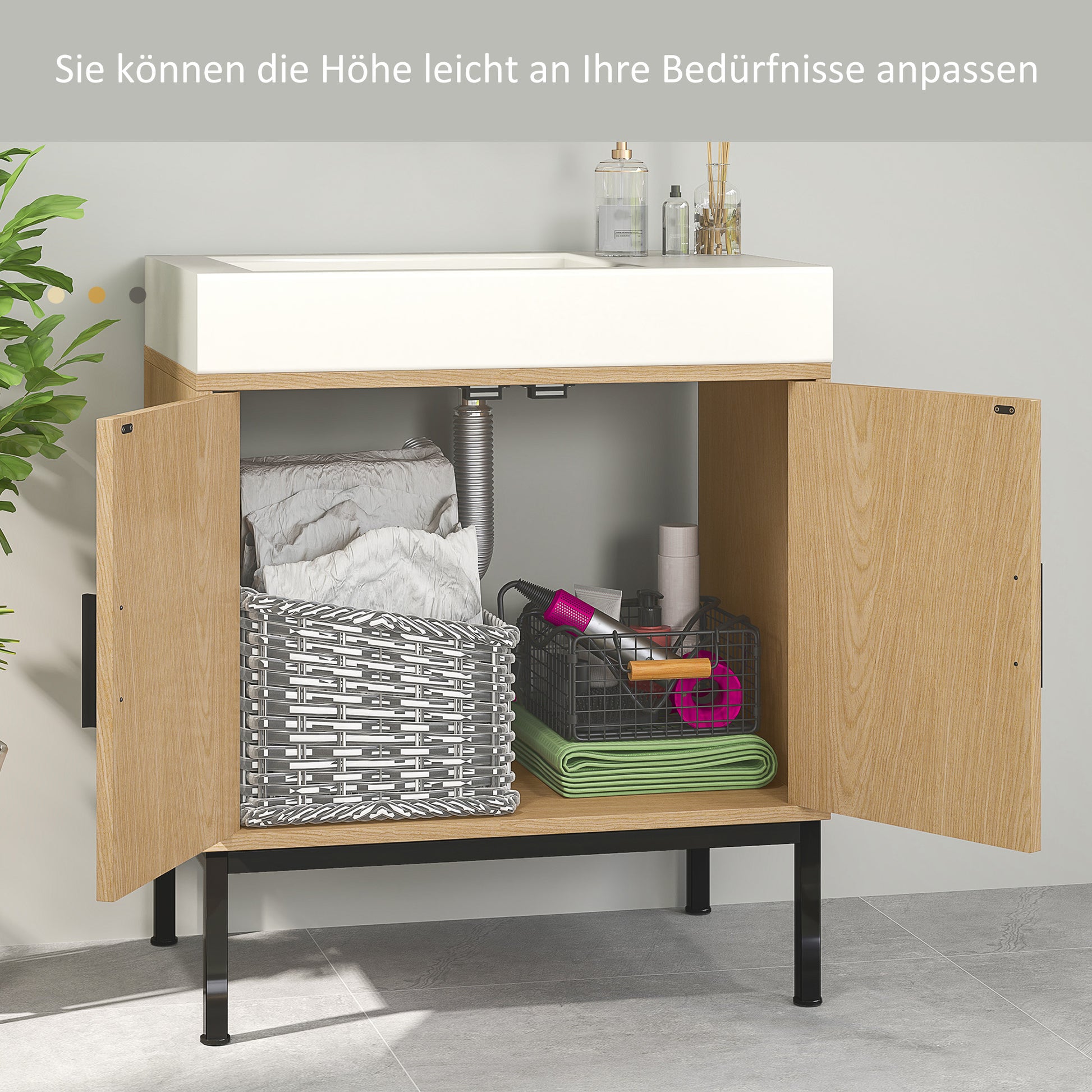 Bathroom Cabinet Vanity Cabinet with Rattan Look, Sink Vanity Cabinet with Tip Protection, Oak, 60 x 39 x 60 cm