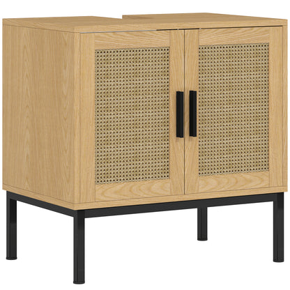 Bathroom Cabinet Vanity Cabinet with Rattan Look, Sink Vanity Cabinet with Tip Protection, Oak, 60 x 39 x 60 cm